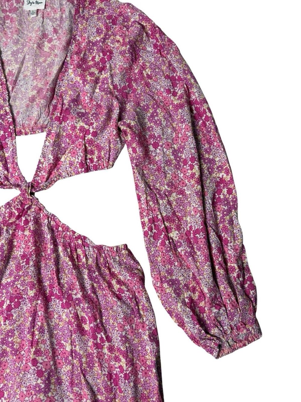 Sky to Moon Pink Floral Cutout Mini Dress Long Sleeve Open Front Size L NWOT - Picture 5 of 10